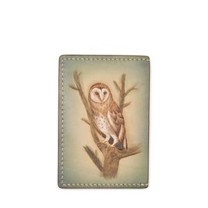 Porta-cartões de couro esculpido à mão com coruja-das-torres – Carteira Woodland Slim