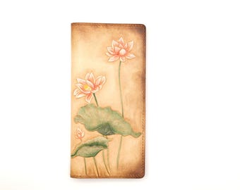 Hand-Tooled Leather Long Wallet – Lotus Floral Design