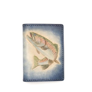 Mini billetera de cuero con trucha arcoíris tallada a mano. Cartera de pesca. Cartera de cuero hecha a mano. Cartera minimalista. Regalo para pescadores.