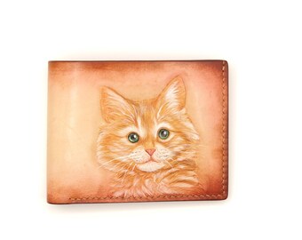 Cartera de cuero tallada a mano con forma de gato amarillo: regalo felino hecho a mano, cartera de cuero rústica, regalo para amantes de los gatos, cartera única pintada a mano