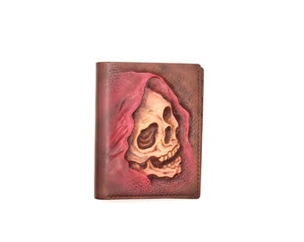 Handmade Grim Reaper Leather Wallet – Carved Skull Gothic Bifold
