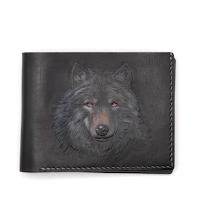 Cartera de cuero Alohaleather tallada y pintada a mano: diseño de lobo negro