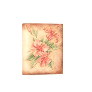 Cartera alta plegable de cuero con flores de hibisco – Cartera hawaiana tallada a mano – Cartera floral – Regalo hecho a mano para mujer – Cartera Aloha