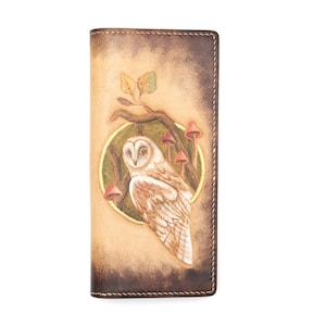 Hand-Tooled Leather Long Wallet – Barn Owl & Mushroom Design | Woodland Animal Leather Wallet | Unique Handmade Gift for Nature Lovers