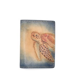 Mini Leather Wallet with Hand-Carved Sea Turtle – Honu Wallet, Ocean Lover Gift, Handmade Leather Slim Wallet, Marine Life Art