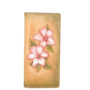 Cartera larga de cuero hecha a mano con flores de hibisco rosa: cartera con flores tropicales, regalo hawaiano para ella, cartera de cuero hecha a mano.