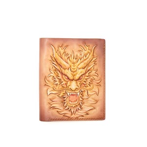 Vertical Bifold Leather Wallet with Hand-Carved Dragon – Handmade Leather Wallet, Oriental Dragon Wallet, Carved Leather Gift for Him