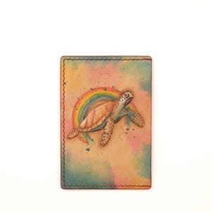 Leather Card Holder with Rainbow Sea Turtle – Hand-Carved Ocean Art Wallet, Colorful Leather Wallet, Gift for Nature Lovers