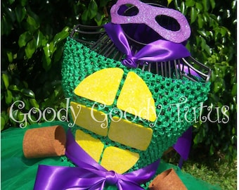 TURTLE POWER Crochet Tutu Dress with Turtle Shell, Wrist Cuffs and Mask