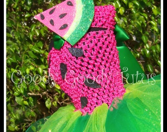 PICNIC PARTY PRINCESS Watermelon Crocheted Tutu Dress with Matching Watermelon Slice Headband