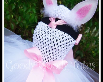 LITTLE BUNNY LOVE White Crocheted Bunny Tutu Dress with Ear Clippies and Headband