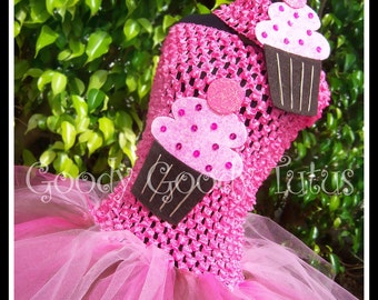 CHOCOLATE FROSTED CUPCAKE Pink Fluffy Tutu Dress with Glittery Cupcake & Matching Headpiece