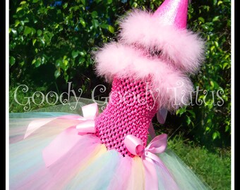 CONFETTI AND SPRINKLES Rainbow Colored Tutu Dress with Matching Glittery Party Hat