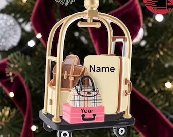 Personalized Travel Ornament, Custom Luggage Cart Christmas Ornament, Vacation Keepsake, Travel Lover Gift, Wanderlust Ornament, Name & Year
