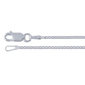 May include: A silver-colored box chain necklace with a lobster clasp closure. The chain is composed of small, square links, and the clasp is attached to a circular ring. The necklace is displayed against a white background.