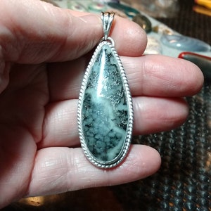Può includere: Un ciondolo d'argento con una pietra a forma di lacrima, grigia e bianca, incastonata in una cornice d'argento. La pietra presenta un motivo a spirale di nero e bianco.