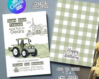 Editable Tractor 1st Birthday Invitation: Green Farm Theme (Digital Download), Tractor party invite
