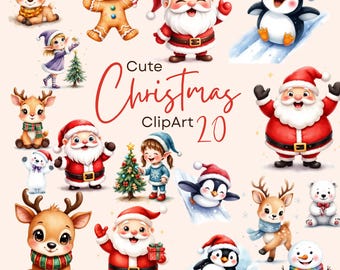 May include: A collection of cute Christmas clipart featuring Santa Claus, reindeer, penguins, elves, and a gingerbread man. The illustrations are in a watercolor style with a soft, pastel color palette. The text "Cute Christmas Clipart 20" is also included.