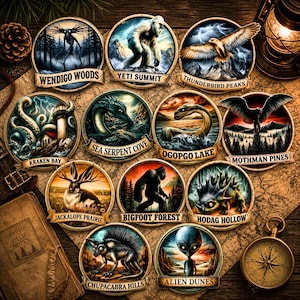 Puede incluir: Colección de pegatinas circulares con ilustraciones de criaturas míticas como Bigfoot y el Yeti. Cada pegatina, con un diseño y nombre únicos, se coloca sobre un fondo de mapa.