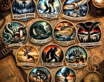May include: A collection of circular cryptid-themed stickers featuring illustrations of mythical creatures like Bigfoot, Yeti, and the Chupacabra. Each sticker has a unique design and name, set against a map background.