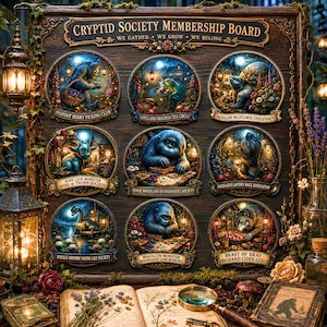 Op de afbeelding: Een houten Cryptid Society Membership Board met negen ronde illustraties van wezens met labels zoals Bigfoot Berry Picking Club, Loveland Frogman Tea Circle en Jackalope Wildflower Conservancy, weergegeven met lantaarns en boeken.