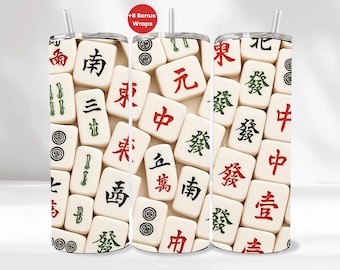 May include: A white tumbler with a repeating pattern of Mahjong tiles in red, green, and black. The tumbler has a silver straw and a silver lid. The text "+8 Bonus Wraps" is in a red circle.