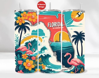 Florida Tumbler Wrap: Sunshine State Flamingo Floral Design (PNG, )