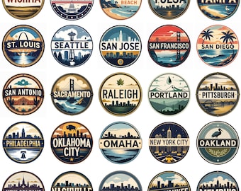 May include: A collection of circular illustrations featuring city names like Wichita, Washington D.C., and Virginia Beach. Each design showcases iconic landmarks and landscapes, with a vintage aesthetic. The color palette includes blues, browns, and yellows.