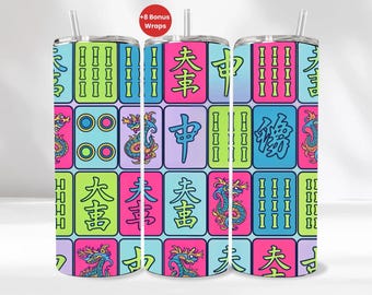 May include: Three stainless steel tumblers with a colorful Mahjong tile design. The design features various tiles with Chinese characters, dragons, and bamboo symbols in shades of pink, blue, green, and purple. Each tumbler has a straw and the text "+8 Bonus Wraps".