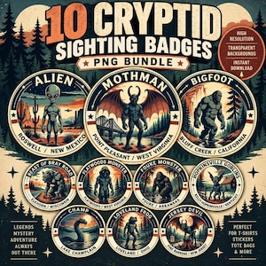 Puede incluir: Un paquete digital de 10 insignias circulares de avistamientos de críptidos con ilustraciones de un alienígena, Mothman, Bigfoot, la Bestia de Bray Road, el Monstruo de Flatwoods, el Monstruo de Fouke, los Goblins de Hopkinsville y otros.