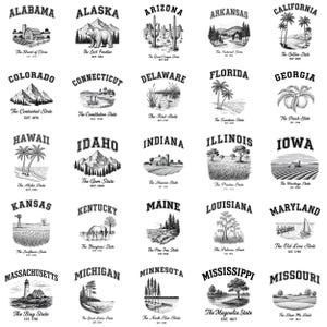 Puede incluir: Una colección de ilustraciones en blanco y negro de los emblemas de los estados de EE. UU. Cada diseño incluye el nombre del estado, una imagen escénica y un eslogan descriptivo. Las ilustraciones son de estilo vintage, dibujadas a mano.