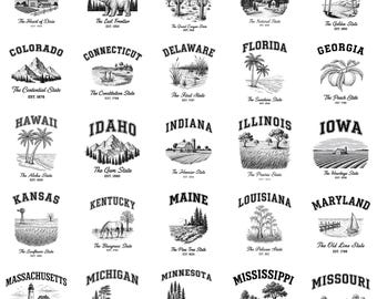 May include: A collection of black and white illustrations of U.S. state emblems. Each design includes the state name, a scenic image, and a descriptive tagline. The illustrations are in a vintage, hand-drawn style.