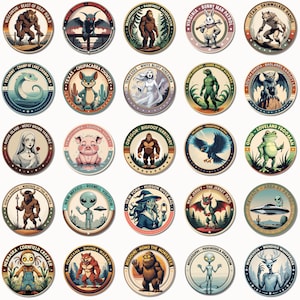May include: A collection of 25 circular stickers featuring various cryptids and mythical creatures. Each sticker has a unique design with text indicating the creature's name and location, such as the "Bigfoot Territory" sticker.