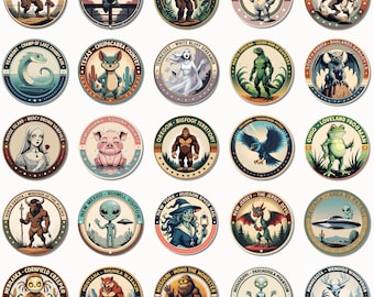 May include: A collection of 25 circular stickers featuring various cryptids and mythical creatures. Each sticker has a unique design with text indicating the creature's name and location, such as the "Bigfoot Territory" sticker.
