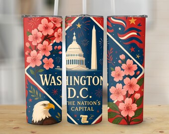 May include: A set of three insulated tumblers with a patriotic design. Each tumbler features a red background with cherry blossoms, an eagle, and the text "WASHINGTON D.C. THE NATION'S CAPITAL". The center tumbler displays the Capitol Building and Washington Monument.