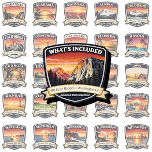 May include: A set of 50 state badges and Washington D.C. badges, each with a unique landscape scene. The badges are shield-shaped with a banner reading "America 250 Years 1776-2026". The central badge reads "What's Included".