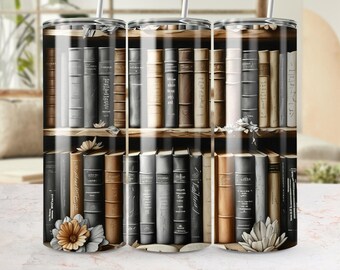 Antique Bookshelf Tumbler Wrap: Vintage Library Design (PNG Digital Download)