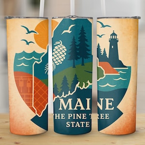 Maine Digital, Pine Tree State, 20oz Skinny Tumbler Wrap, Commercial Use, Coastal Design, Vacation Home Decor, PNG Download, Retro Art