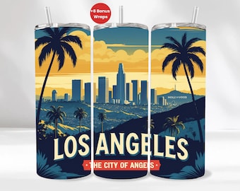 May include: A tumbler featuring a Los Angeles design. The design includes palm trees, a cityscape, and the text "LOS ANGELES THE CITY OF ANGELS". The background has a sunset color scheme.