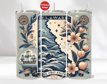 May include: A tumbler featuring a vintage-style design with illustrations of Delaware. The design includes a compass rose, a sailboat, peach blossoms, and the text "DELAWARE THE FRST STATE" in a blue and beige color scheme.