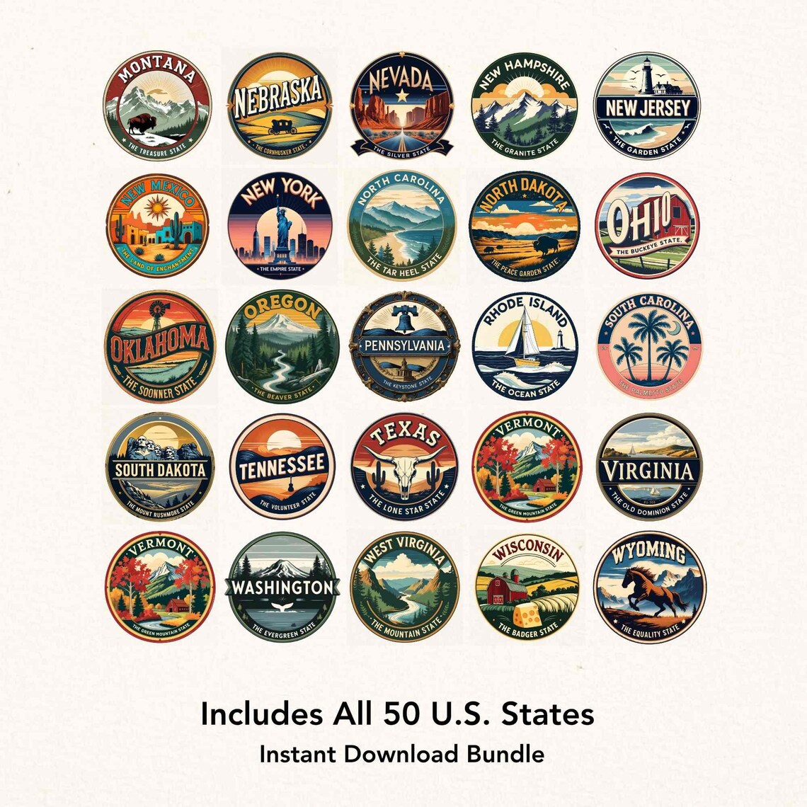 50 State Retro Badge Set: Vintage Travel Emblems (digital PNG Download ...