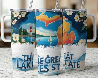May include: Three stainless steel travel mugs with white handles and lids. Each mug features a unique design with a lighthouse, sailboat, and a map of Michigan. The text "The Great Lakes State" is printed on the mugs.