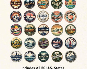 May include: A collection of 50 U.S. state-themed circular designs, each featuring state names and iconic imagery. The designs are in a vintage style, with text such as "Heart of Dixie" and "The Golden State". The text "Includes All 50 U.S. States" is also visible.
