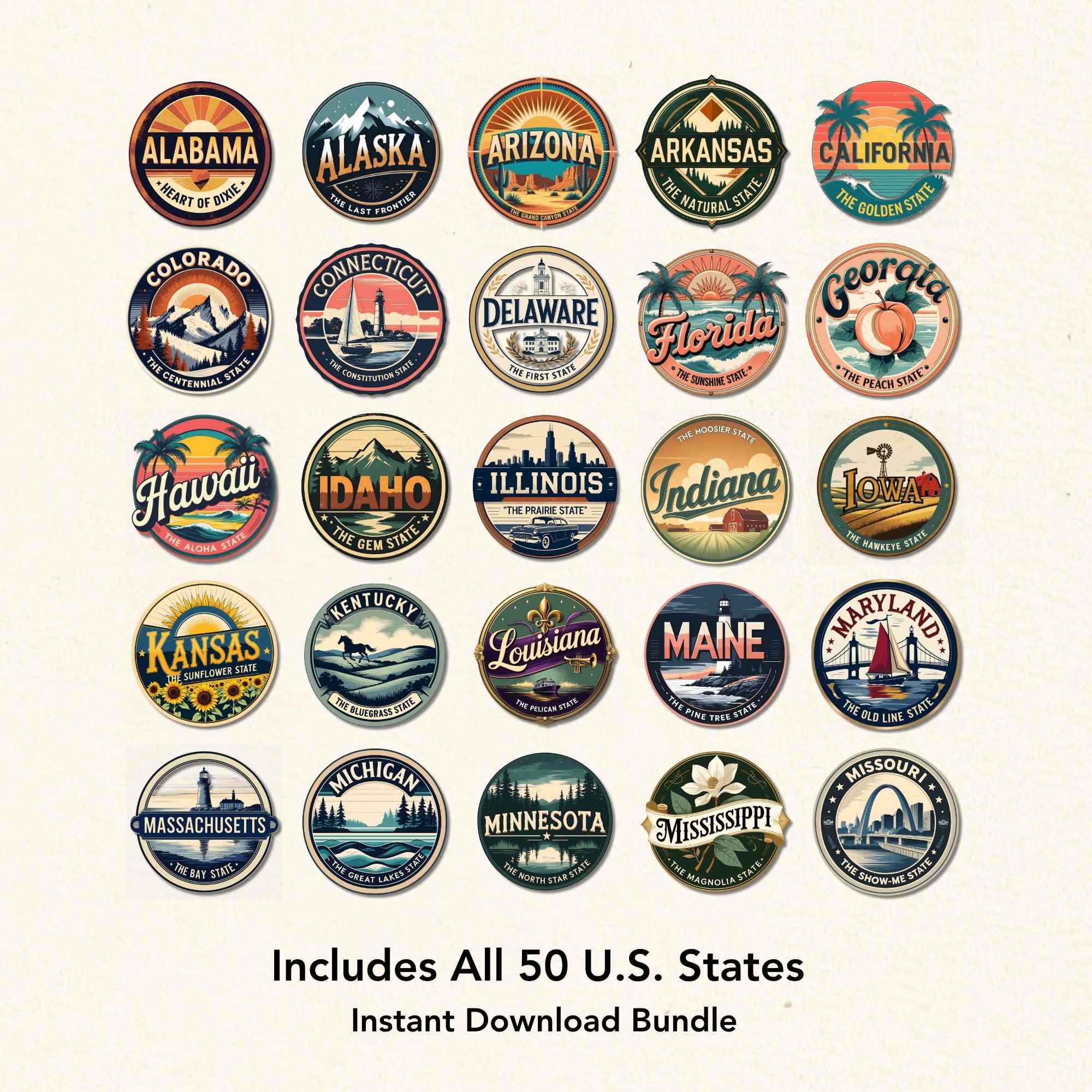 Retro 50 Emblems 50 State Retro Badge Set: Vintage Travel Emblems (digital PNG Download ...