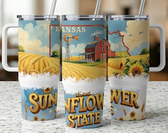 May include: Three stainless steel travel mugs with white handles and lids. Each mug features a colorful design with a Kansas theme, including a red barn, windmill, and the words "Sunflower State". The mugs have a straw.