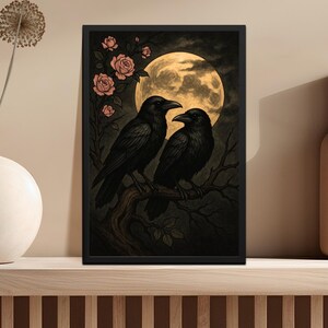 Raven and Moon Gothic Wall Art: Dark Fantasy Home Decor