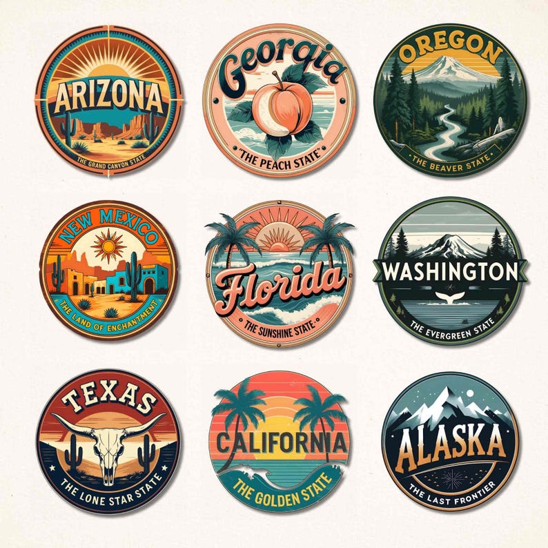 50 State Retro Badge Set: Vintage Travel Emblems (digital PNG Download ...