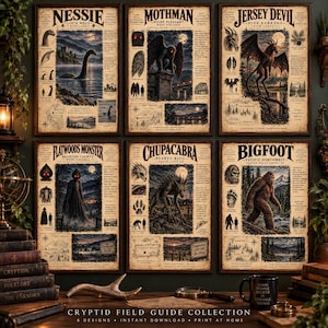 May include: A set of six vintage-style posters featuring cryptid illustrations including Nessie, Mothman, Jersey Devil, Flatwoods Monster, Chupacabra, and Bigfoot. Each poster displays detailed creature artwork, maps, and descriptive text.