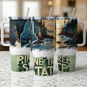 Maine Pine Tree State Wrap Design, 40oz Tumbler, Digital Download, Coastal Illustration, State Pride, Tumbler Template, Sublimation PNG