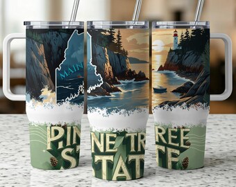 May include: Three stainless steel travel mugs with white handles and lids. Each mug features a different coastal landscape design with a lighthouse, cliffs, and ocean scenes. The mugs have the text "MAINE" and "PINE TREE STATE".